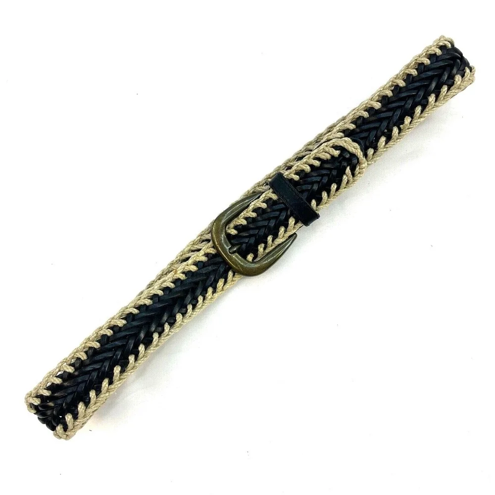 Womens‎ Belt Black Tan 8 Twine Medium Brass Buckle Unbranded Leather